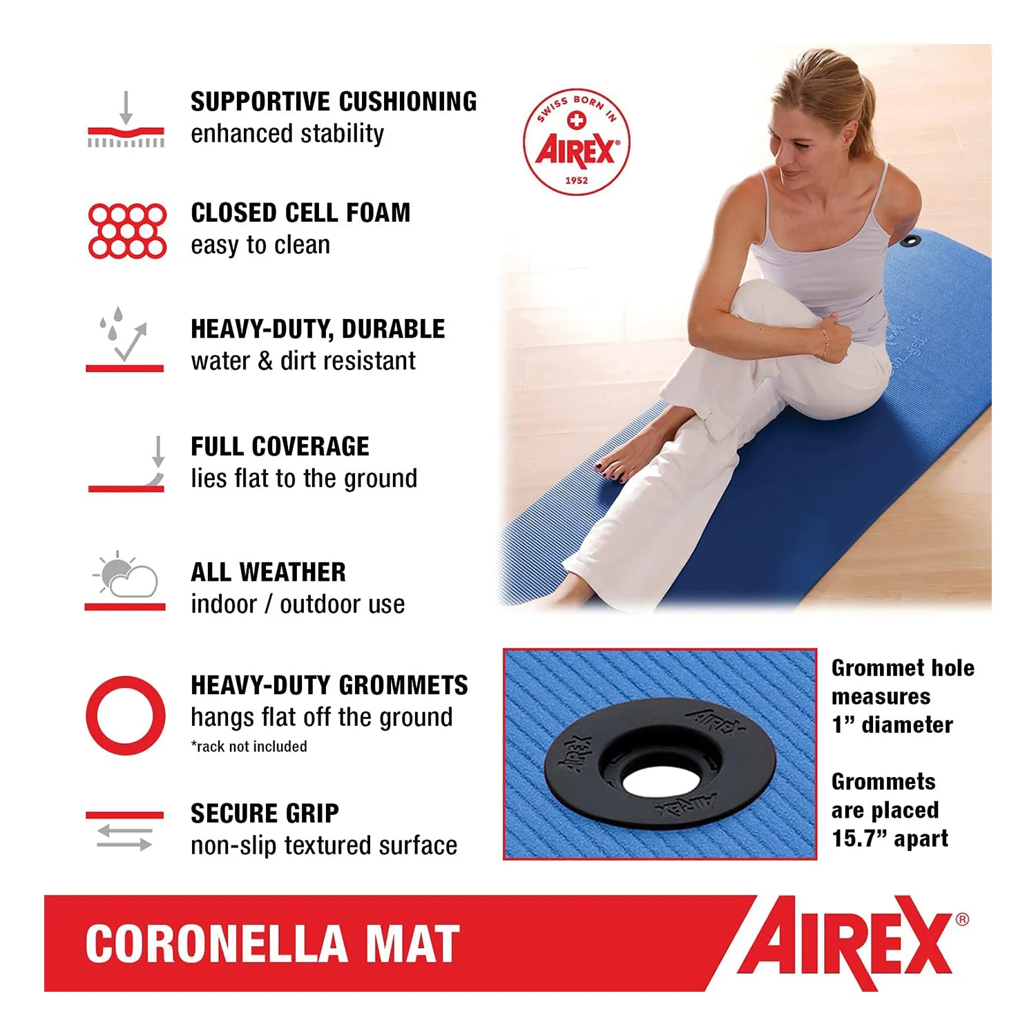 AIREX Coronella Foam Fitness Mat With Grommets for Yoga & More, Blue (Used)