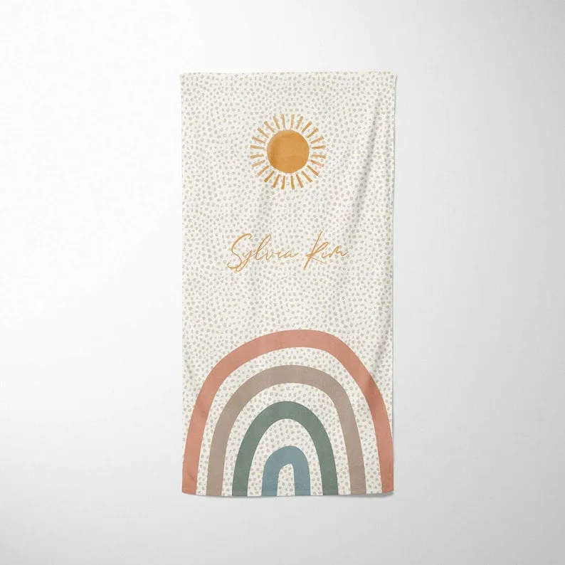 Custom Beach Towel With Names, Monogrammed Microfiber Cotton Boho Rainbow Sun Towel, Personalized Pool Towel