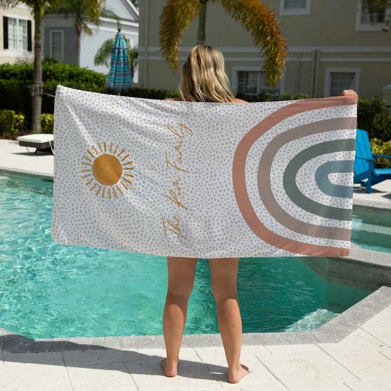 Custom Beach Towel With Names, Monogrammed Microfiber Cotton Boho Rainbow Sun Towel, Personalized Pool Towel