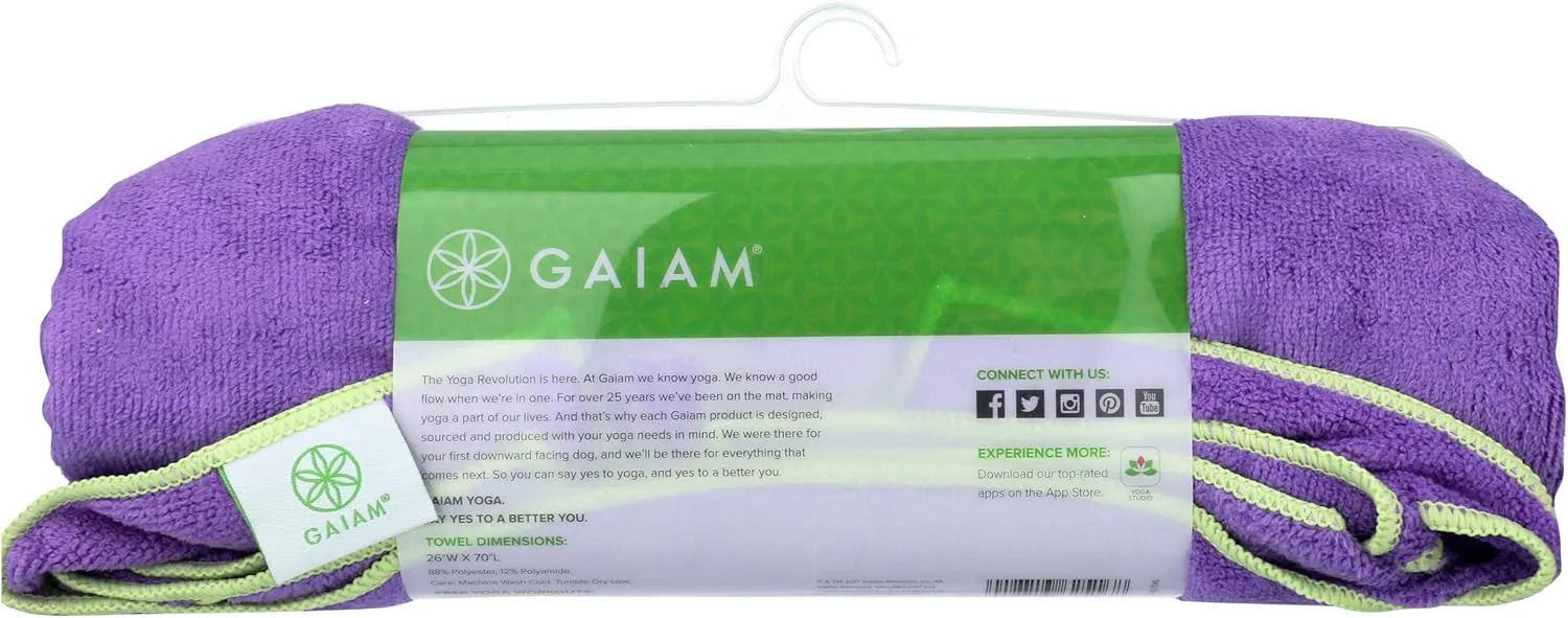 Gaiam Yoga Towel MatSized ActiveDry NonSlip MoistureWicking SweatAbsorbent Microfiber Hot Yoga Towel Purple