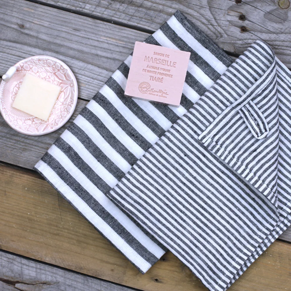 Linen Hand Towel - Stonewashed - Black White Medium Stripes - Thin Linen