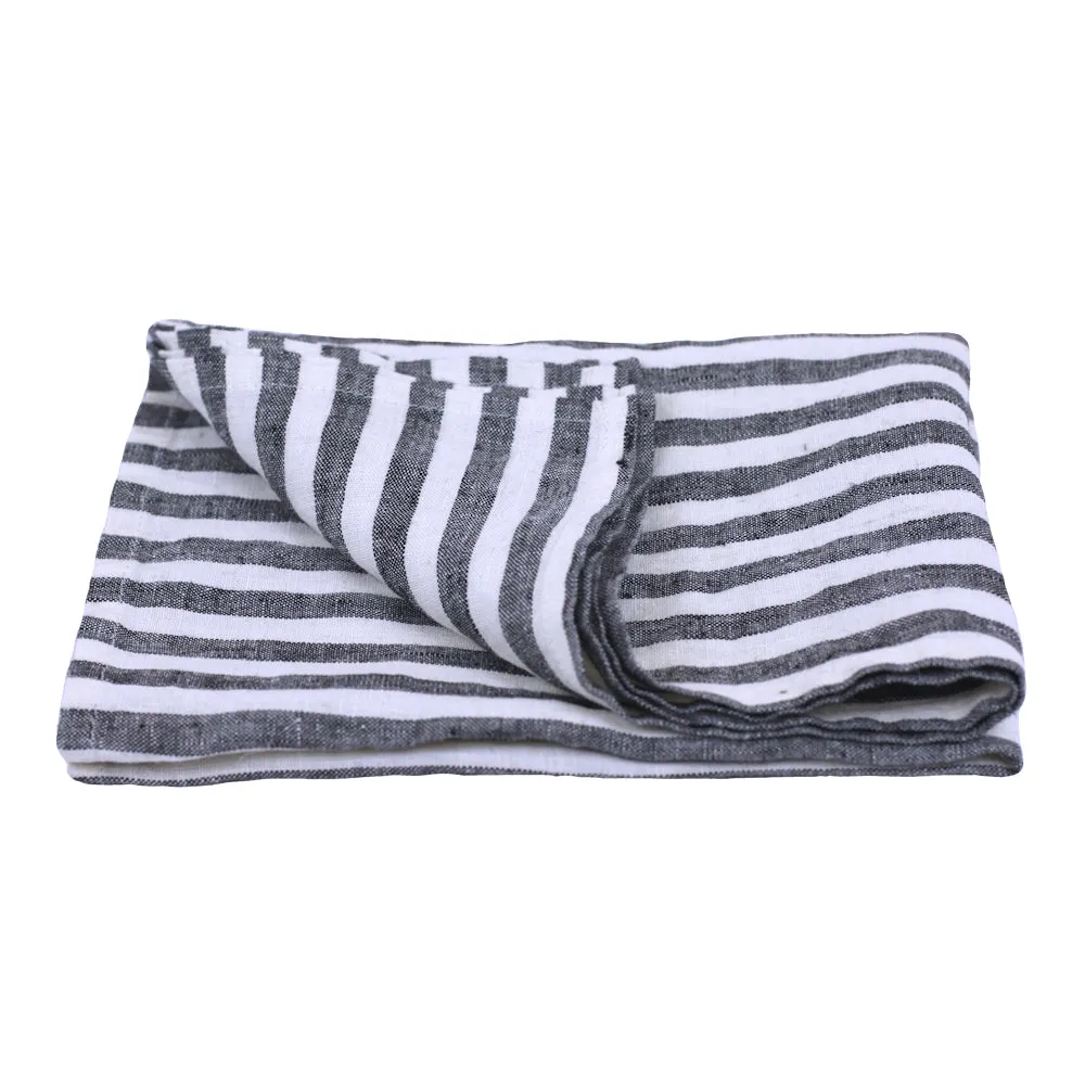 Linen Hand Towel - Stonewashed - Black White Medium Stripes - Thin Linen