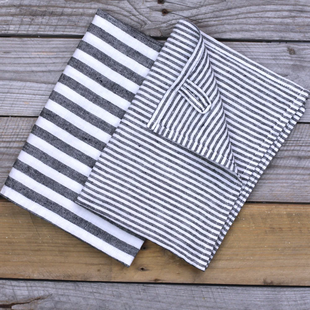 Linen Hand Towel - Stonewashed - Black White Medium Stripes - Thin Linen