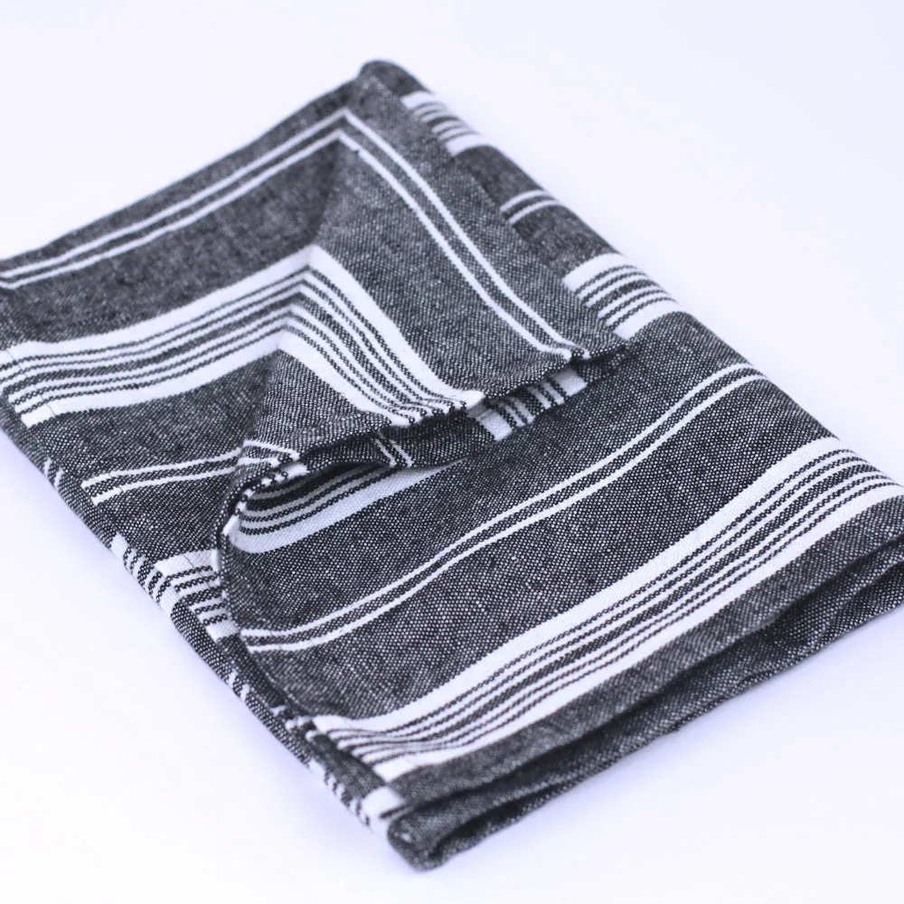 Linen Hand Towel - Stonewashed - Black with White Stripes 3 - Luxury Thick Linen