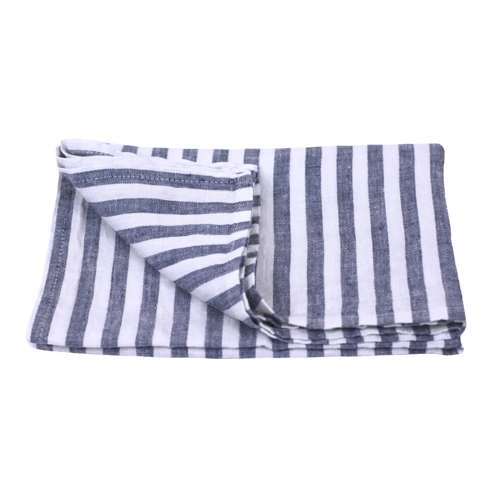 Linen Hand Towel - Stonewashed - Blue White Medium Stripes - Thin Linen