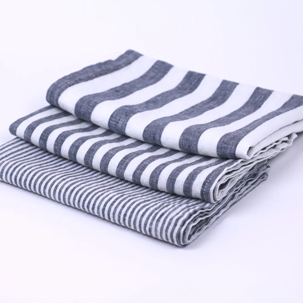 Linen Hand Towel - Stonewashed - Blue White Medium Stripes - Thin Linen