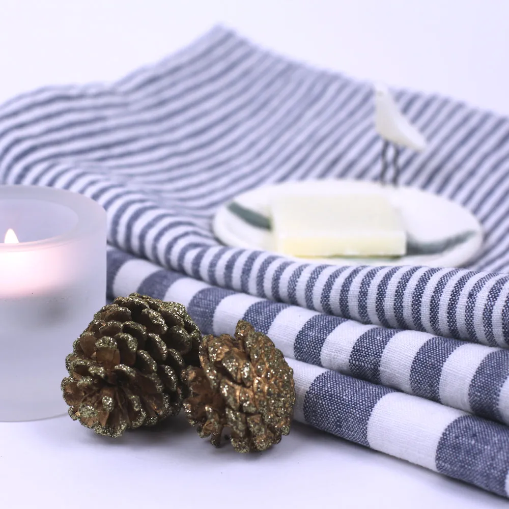 Linen Hand Towel - Stonewashed - Blue White Medium Stripes - Thin Linen