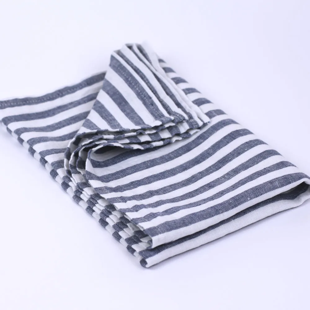Linen Hand Towel - Stonewashed - Blue White Medium Stripes - Thin Linen