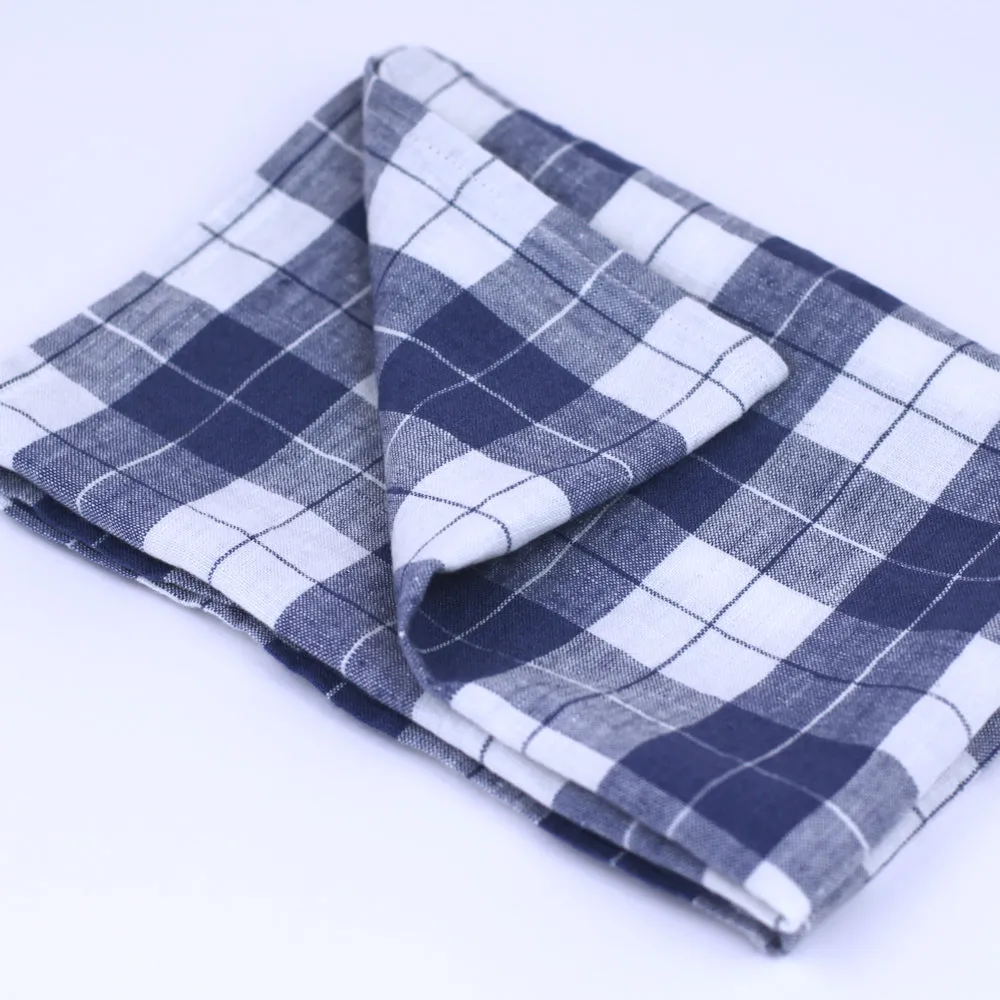Linen Hand Towel - Stonewashed - Blue White Squares with Runner - Thin Linen
