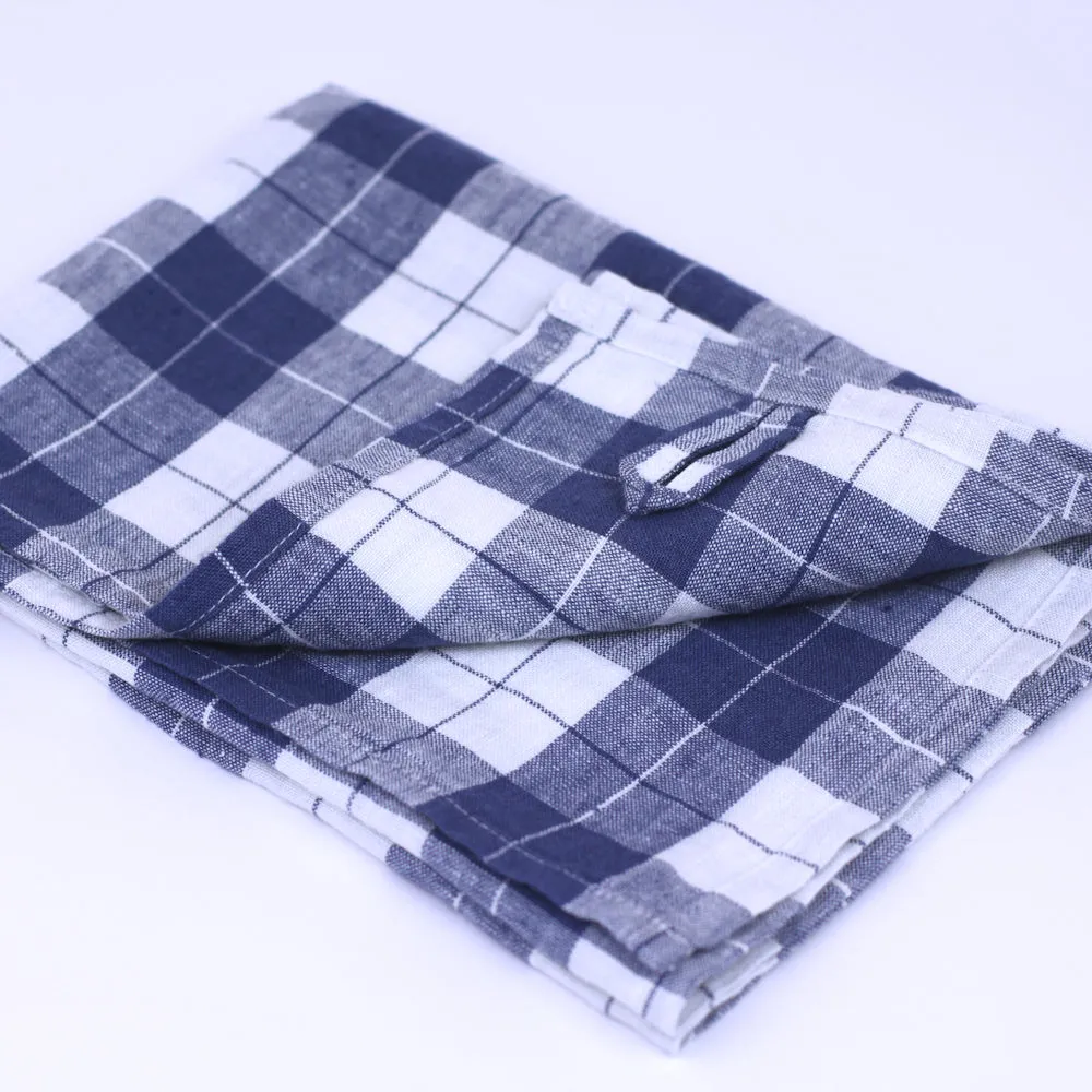 Linen Hand Towel - Stonewashed - Blue White Squares with Runner - Thin Linen