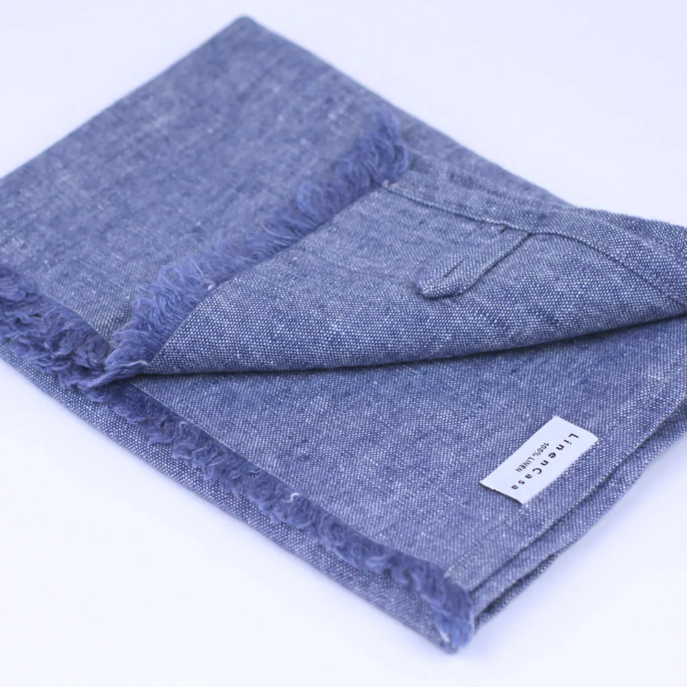 Linen Hand Towel - Stonewashed - Blue with Frayed Edges - Luxury Thick Linen