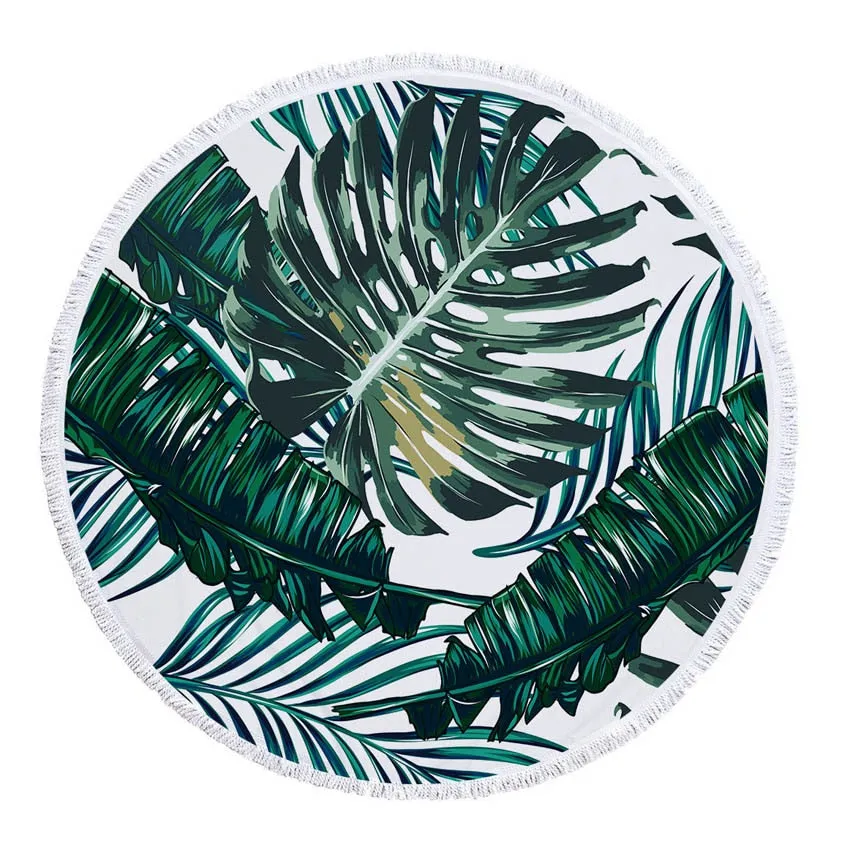 Round Microfiber Green Leaves  Beach Towel with Drawstring Bag