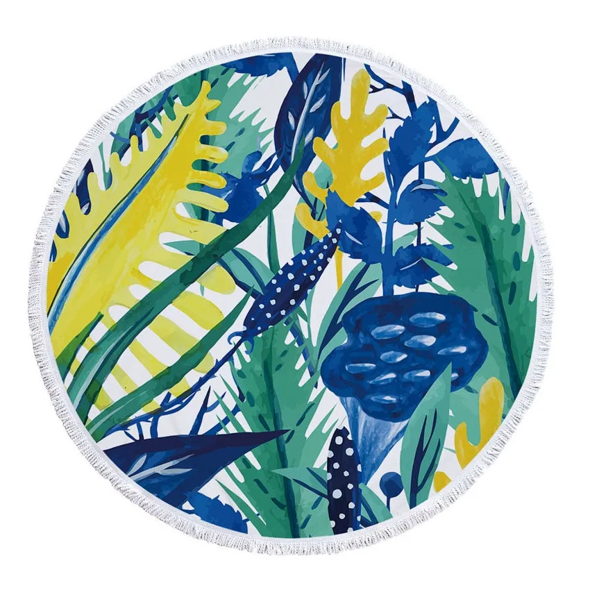 Round Microfiber Green Leaves  Beach Towel with Drawstring Bag