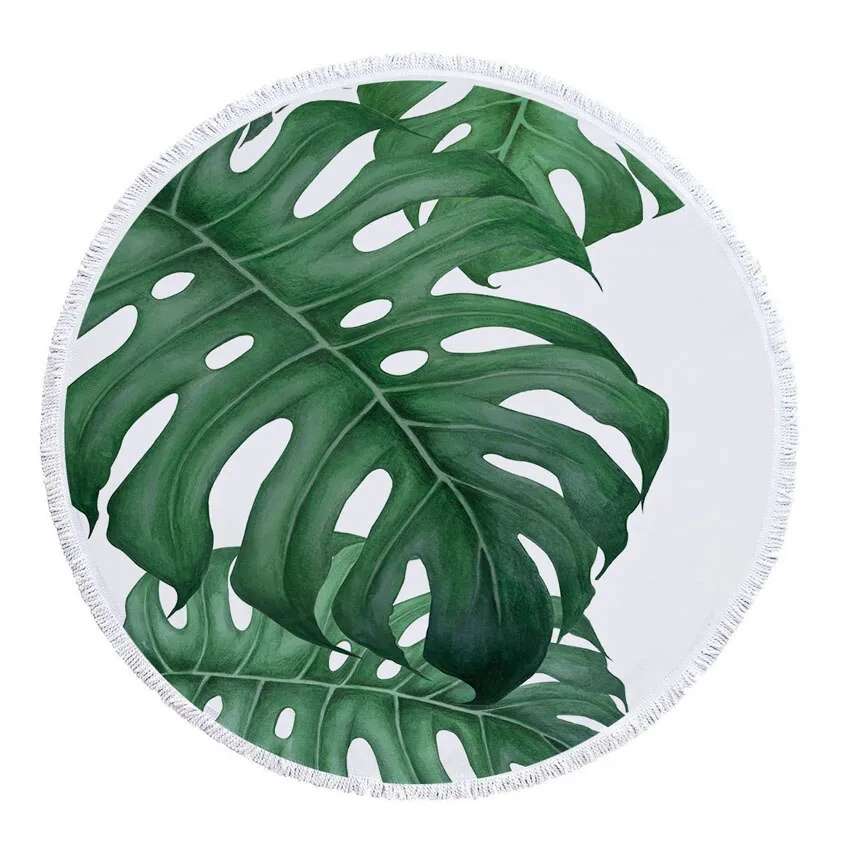 Round Microfiber Green Leaves  Beach Towel with Drawstring Bag