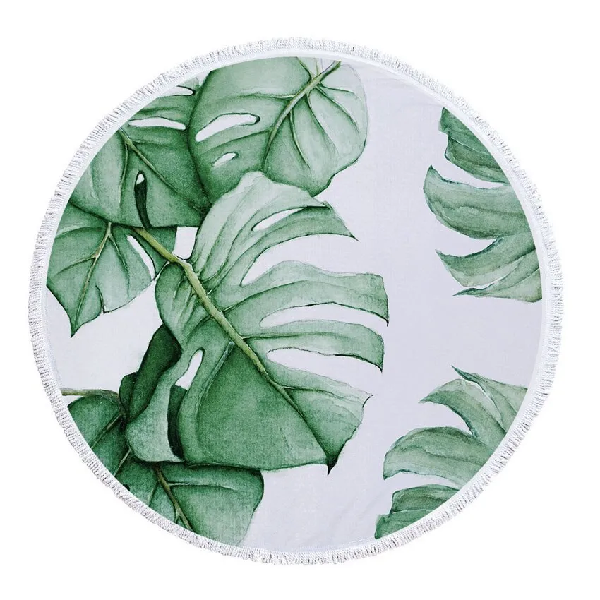 Round Microfiber Green Leaves  Beach Towel with Drawstring Bag