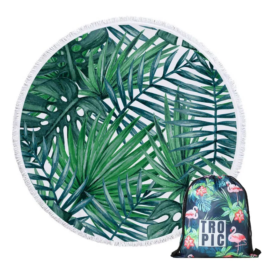 Round Microfiber Green Leaves  Beach Towel with Drawstring Bag