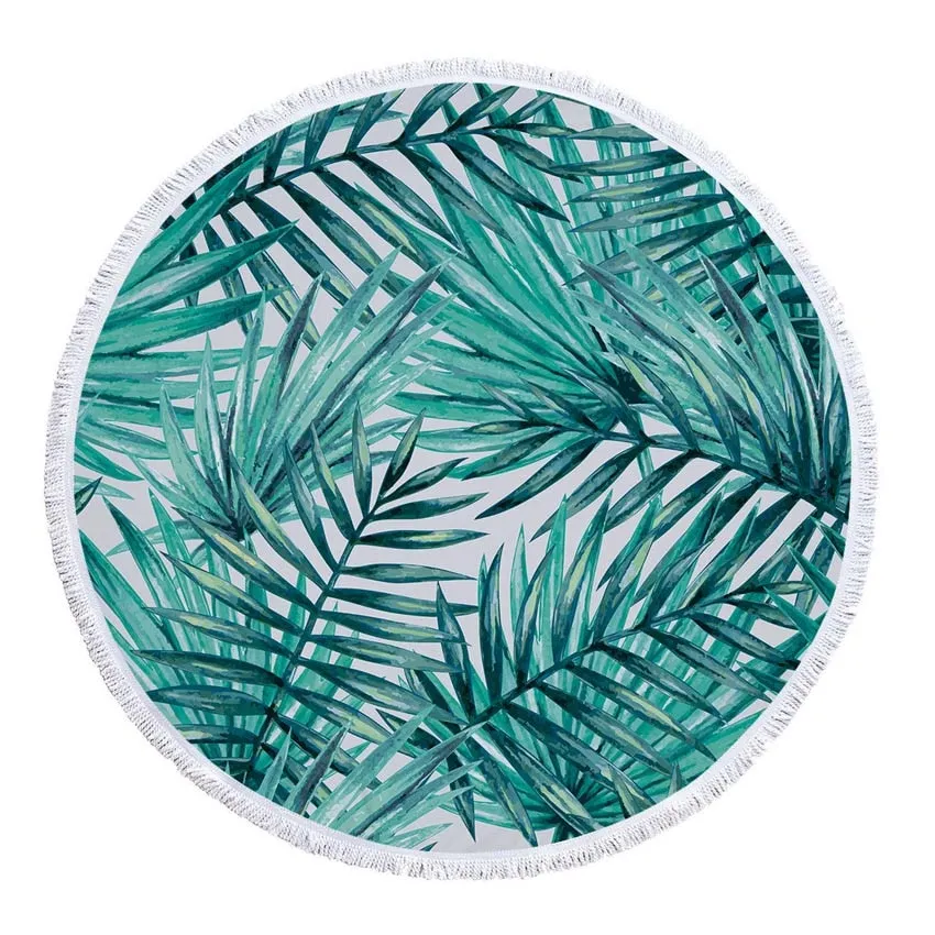 Round Microfiber Green Leaves  Beach Towel with Drawstring Bag