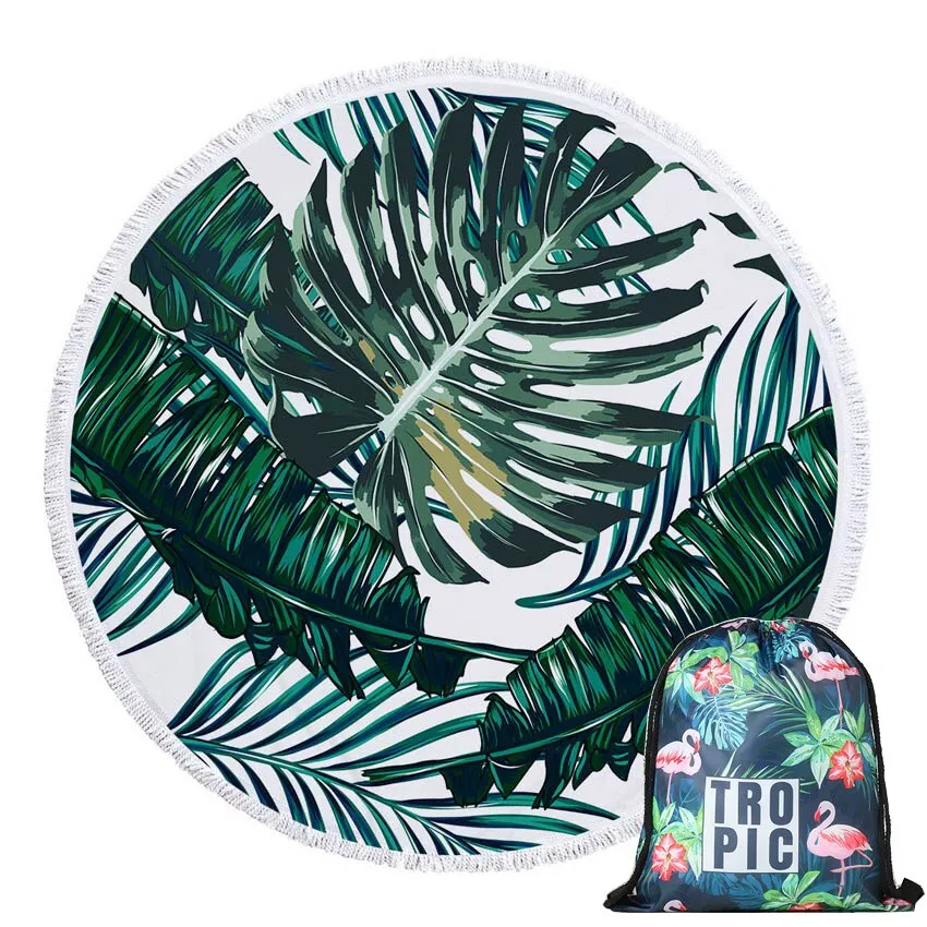 Round Microfiber Green Leaves  Beach Towel with Drawstring Bag